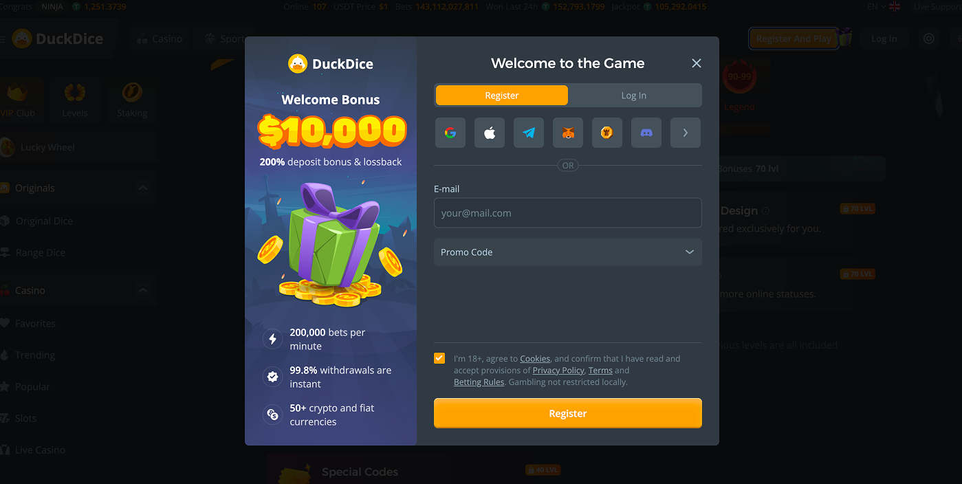 Registration at Duck Dice casino