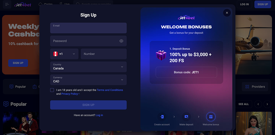 Registration and login at Jet4bet Casino